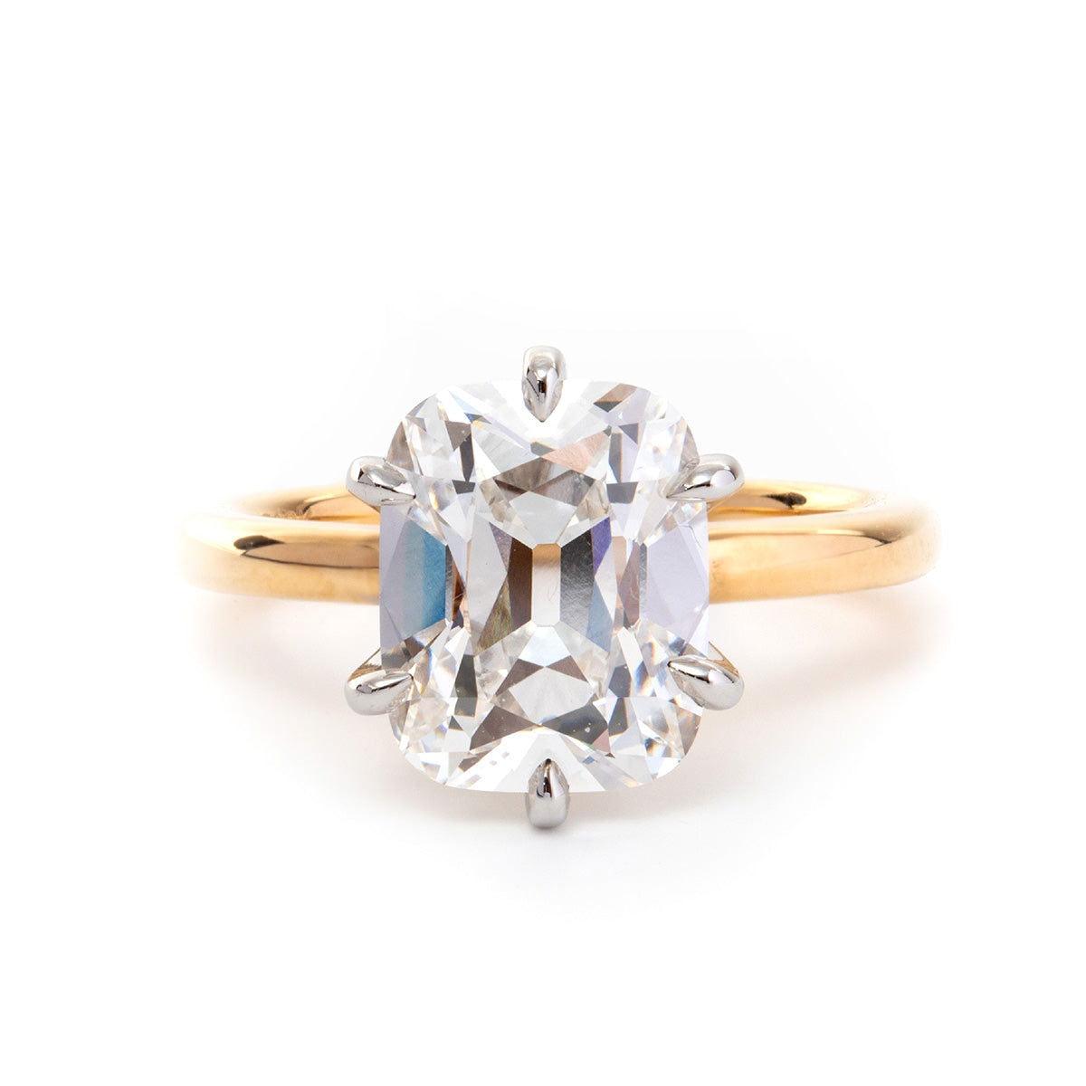 14k Yellow Gold & White Gold 3ct Elongated Old Mine Cut Lab Diamond Floral Basket Solitaire Ring