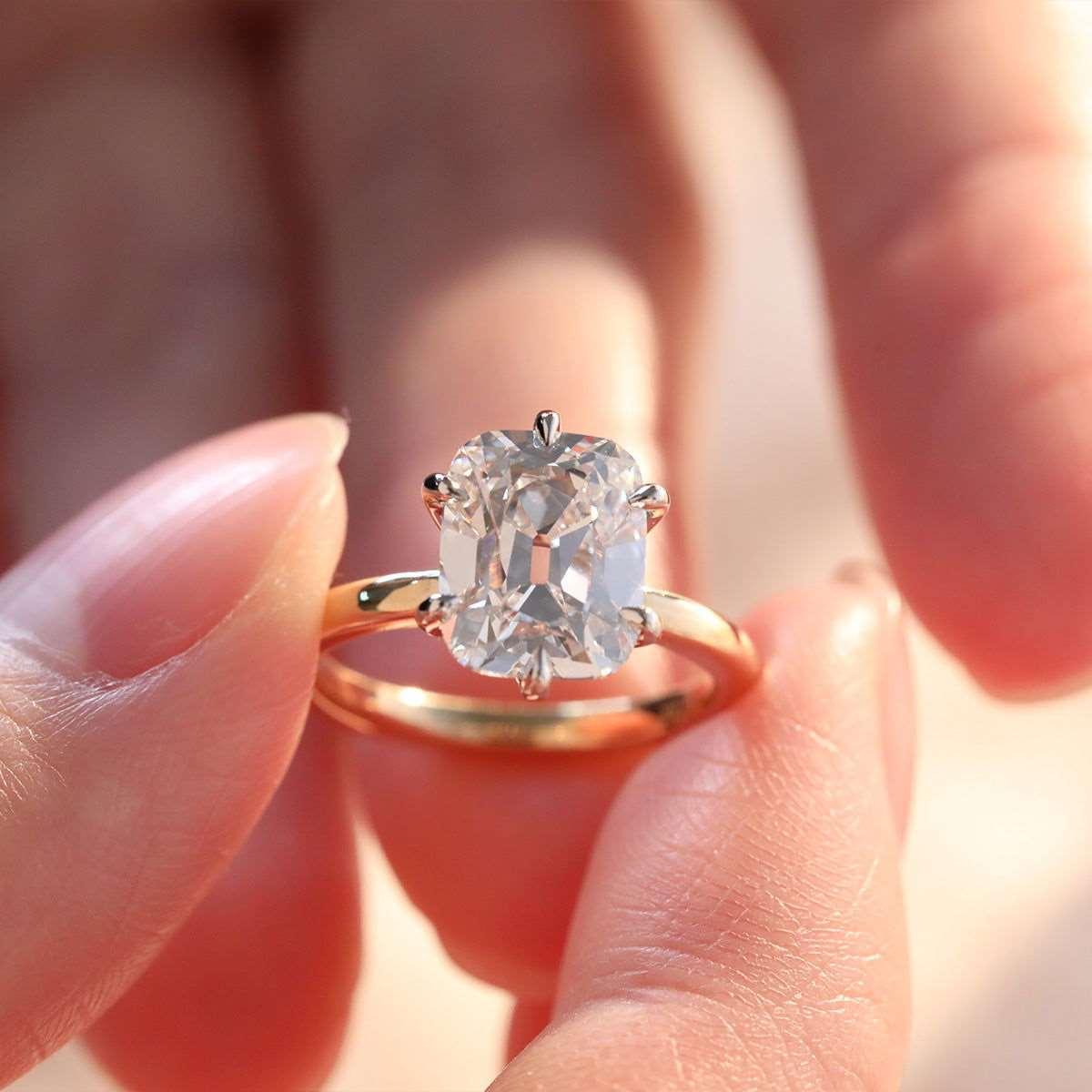 14k Yellow Gold & White Gold 3ct Elongated Old Mine Cut Lab Diamond Floral Basket Solitaire Ring