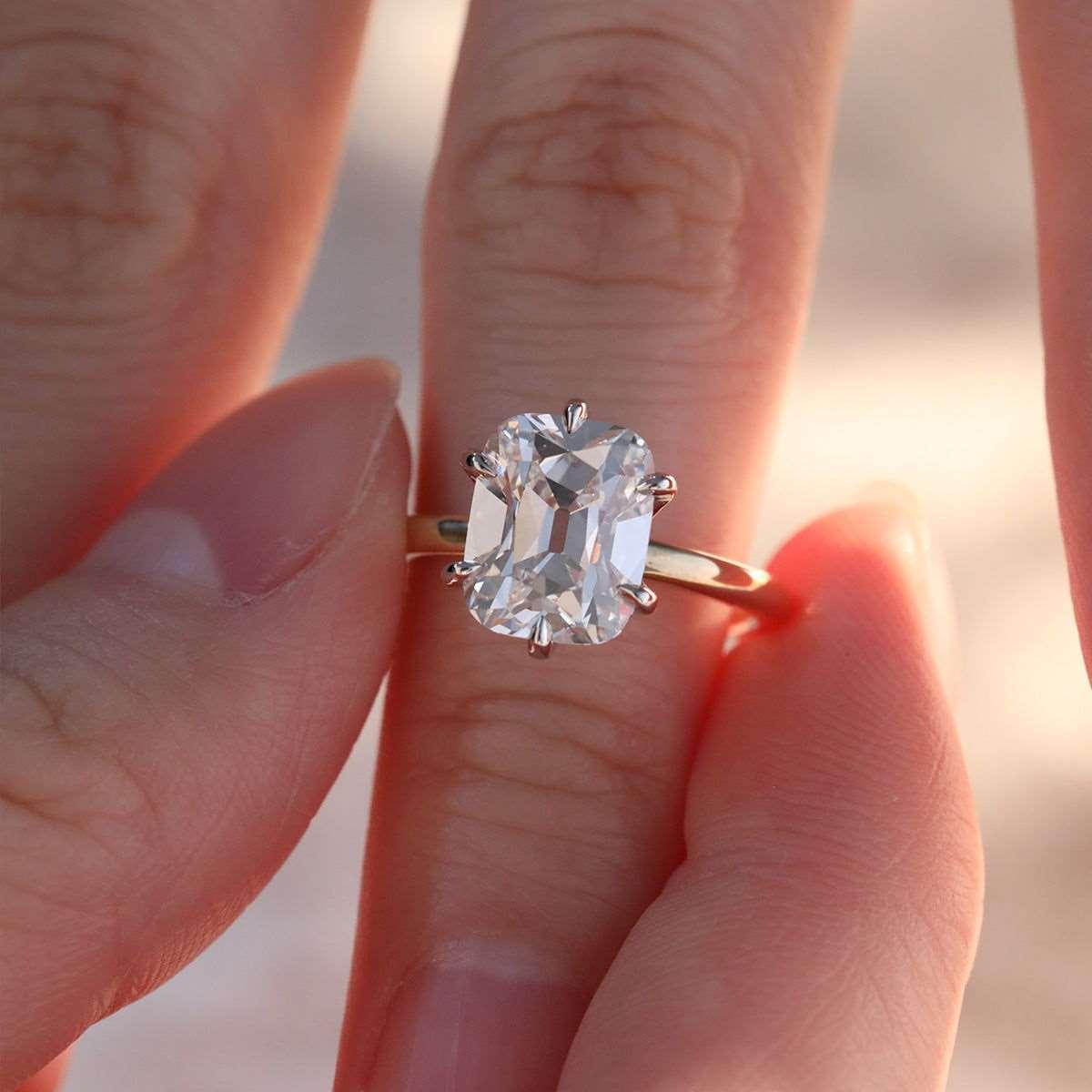 14k Yellow Gold & White Gold 3ct Elongated Old Mine Cut Lab Diamond Floral Basket Solitaire Ring