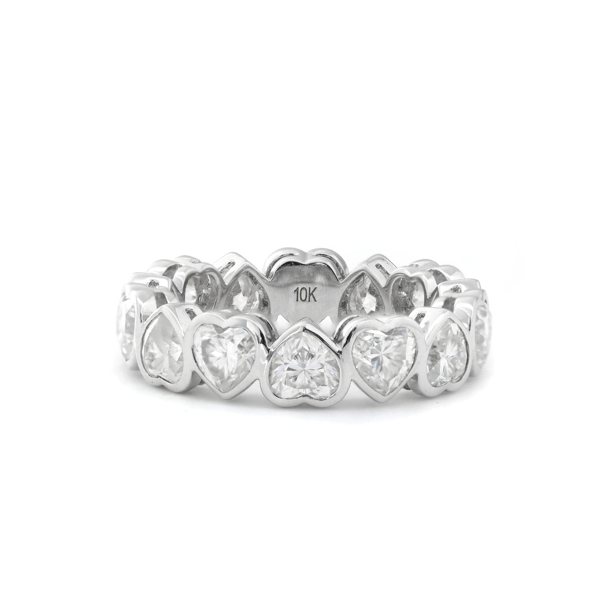 10K White Gold Heart Shape Moissanite Bezel Eternity Ring(Unresizable)