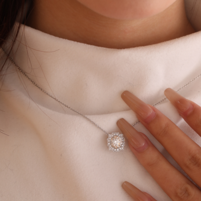 14K White Gold Round Brilliant Cut Lab Diamond Halo Setting Necklace