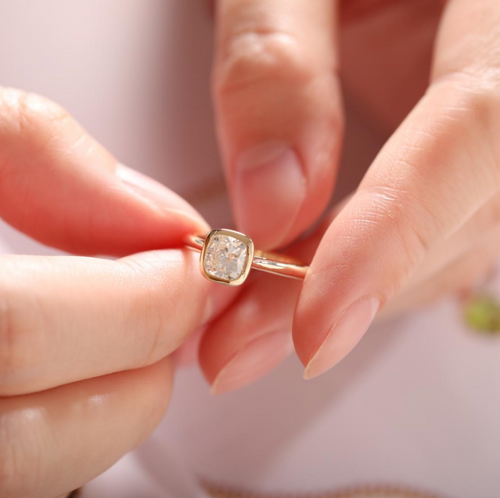 14K Yellow Gold Cushion Cut Lab Diamond Bezel Setting Pinky Ring MMR