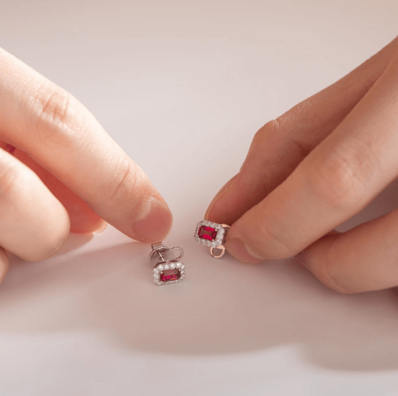 14K White Gold Emerald Cut Ruby Lab Diamond Halo Turquoise Stud Earrings