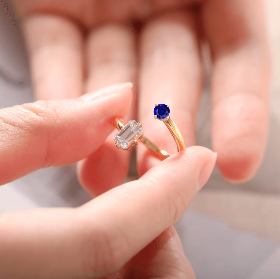 14K Yellow Gold Emerald Cut Lab Diamond & Round Lab Sapphire Toi et Moi Ring