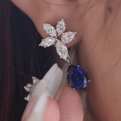 18K White Gold Pear Shaped Sapphire Cluster Lab Diamond Leverback Earrings