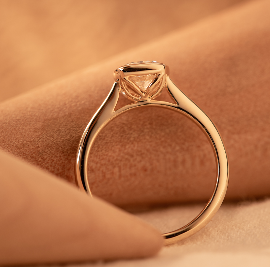 14K Yellow Gold 1ct Cushion Cut Lab Diamond Bezel Cathedral Setting Tapered Band Pinky Ring