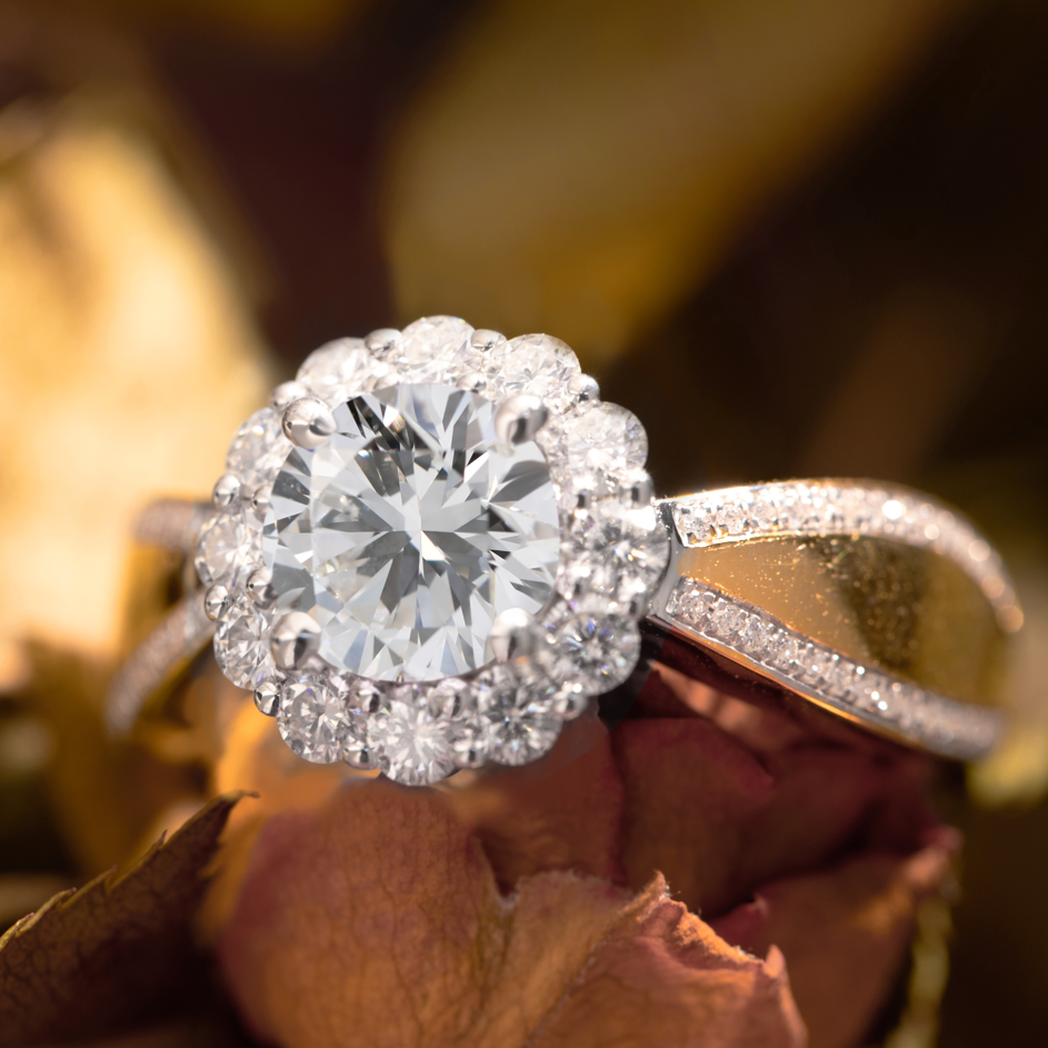 14K White Gold Basket 1ct Round Cut Lab Diamond Halo Ring in a Tapered Yellow Gold Band Design