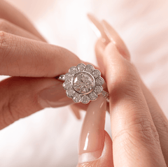 14K White Gold 1.5ct Round Cut Lab Diamond Halo Ring with Tapered Band and Half Circle Pave