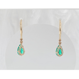 14K Yellow Gold Pear Cut Colombian Lab Emerald Basket Setting Hoop Earrings with Leverback