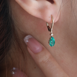 14K Yellow Gold Pear Cut Colombian Lab Emerald Basket Setting Hoop Earrings with Leverback