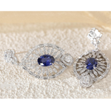 18K White Gold 7*5mm Oval Royal Blue Lab Sapphire and Lab Diamond Victorian Peacock Plume Chandelier Earrings