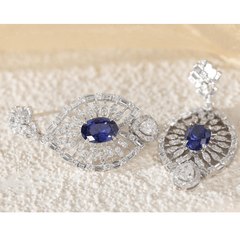 7*5mm Oval Royal Blue Lab Sapphire and Lab Diamond Victorian Peacock Plume Chandelier Earrings