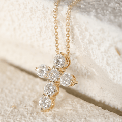 18K Yollow Gold Round Lab Diamond 6-Stone Cross Pendant Necklace