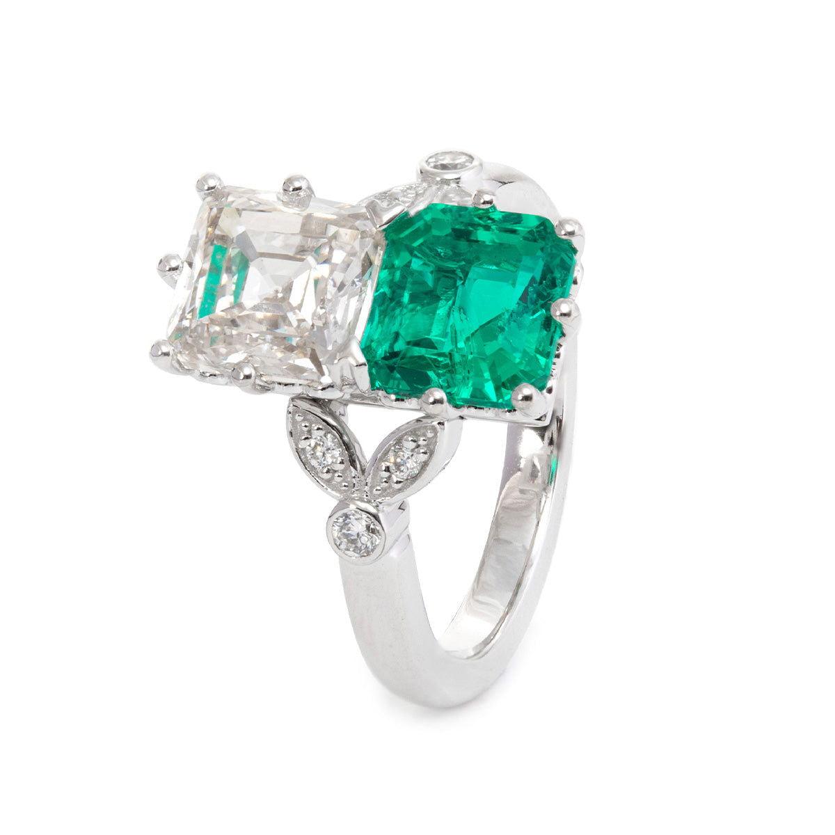 18K White Gold Asscher Cut Lab Emerald & Lab Diamond Toi et Moi Side-stone Cocktail Ring