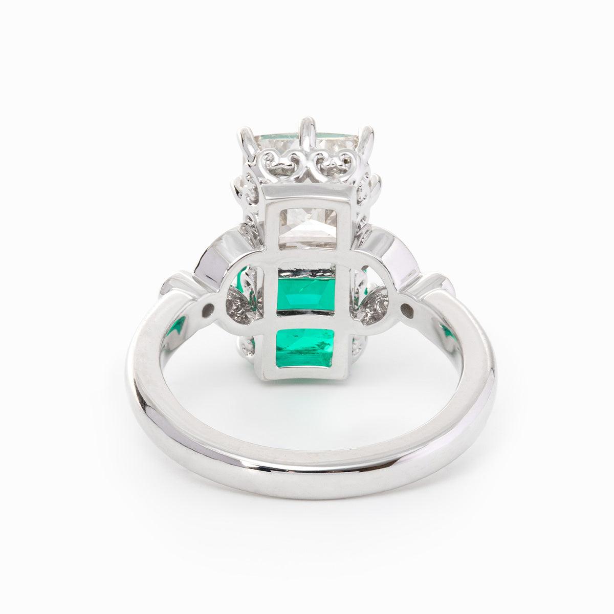 18K White Gold Asscher Cut Lab Emerald & Lab Diamond Toi et Moi Side-stone Cocktail Ring