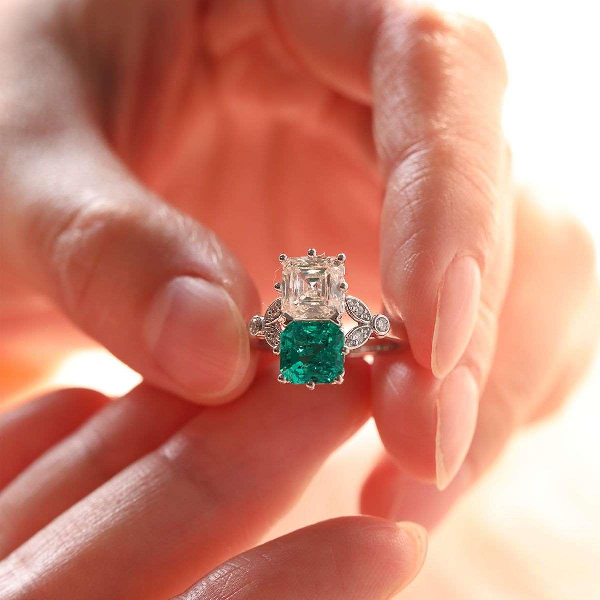18K White Gold Asscher Cut Lab Emerald & Lab Diamond Toi et Moi Side-stone Cocktail Ring