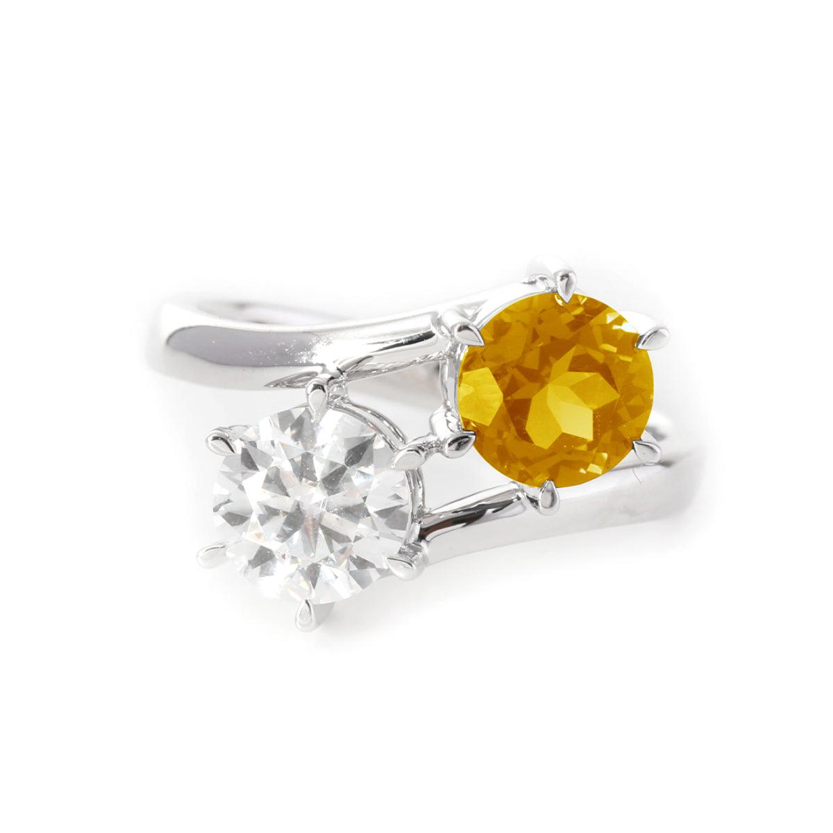 18K White Gold Round Cut Lab Diamond & Citrine Toi et Moi Ring
