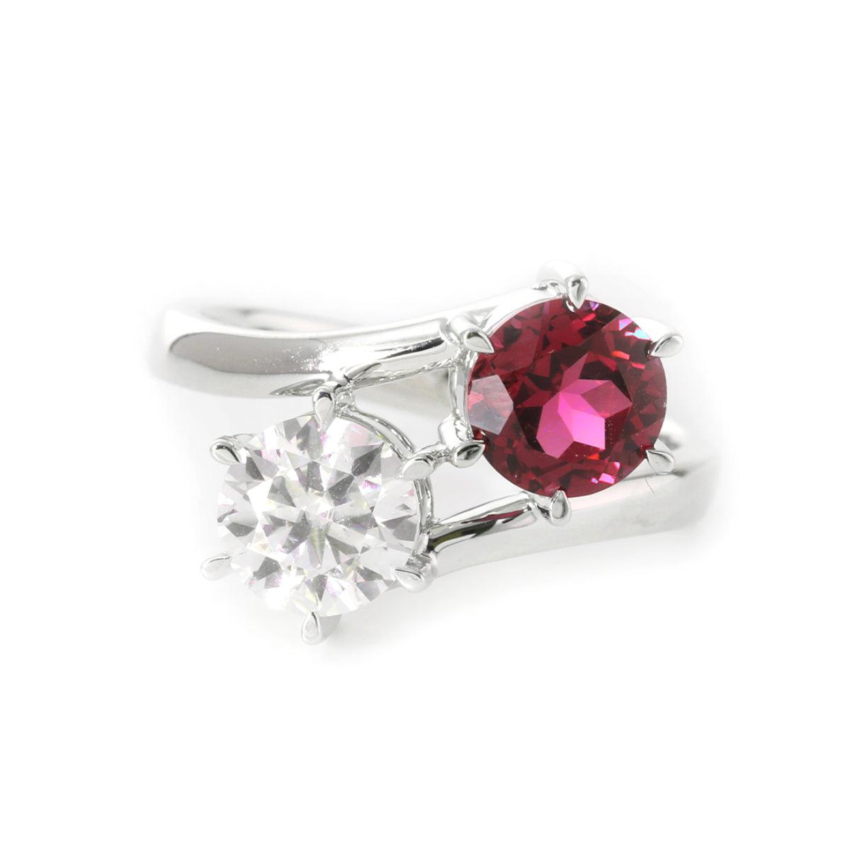 18K White Gold Round Cut Lab Diamond & Lab Ruby Toi et Moi Ring