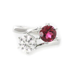 18K White Gold Round Cut Lab Diamond & Lab Ruby Toi et Moi Ring