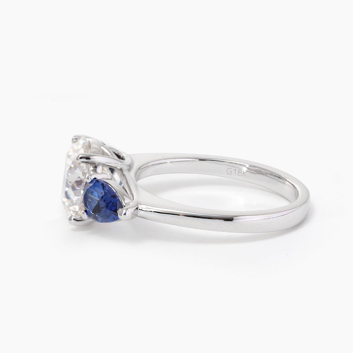 18K White Gold Round Lab Diamond Pear Sapphire Three Stone Ring