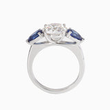 18K White Gold Round Lab Diamond Pear Sapphire Three Stone Ring