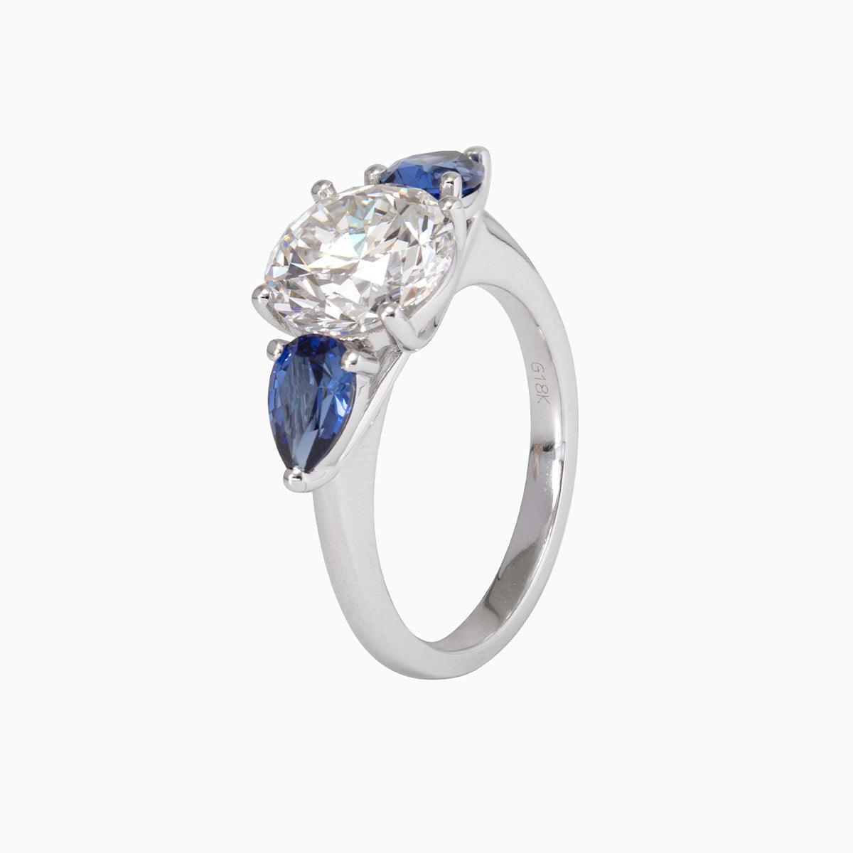 18K White Gold Round Lab Diamond Pear Sapphire Three Stone Ring