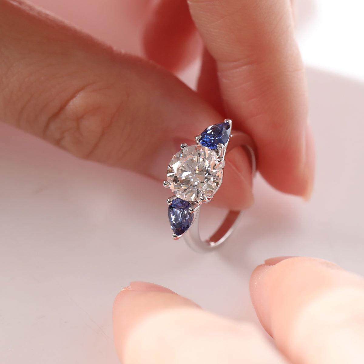 18K White Gold Round Lab Diamond Pear Sapphire Three Stone Ring