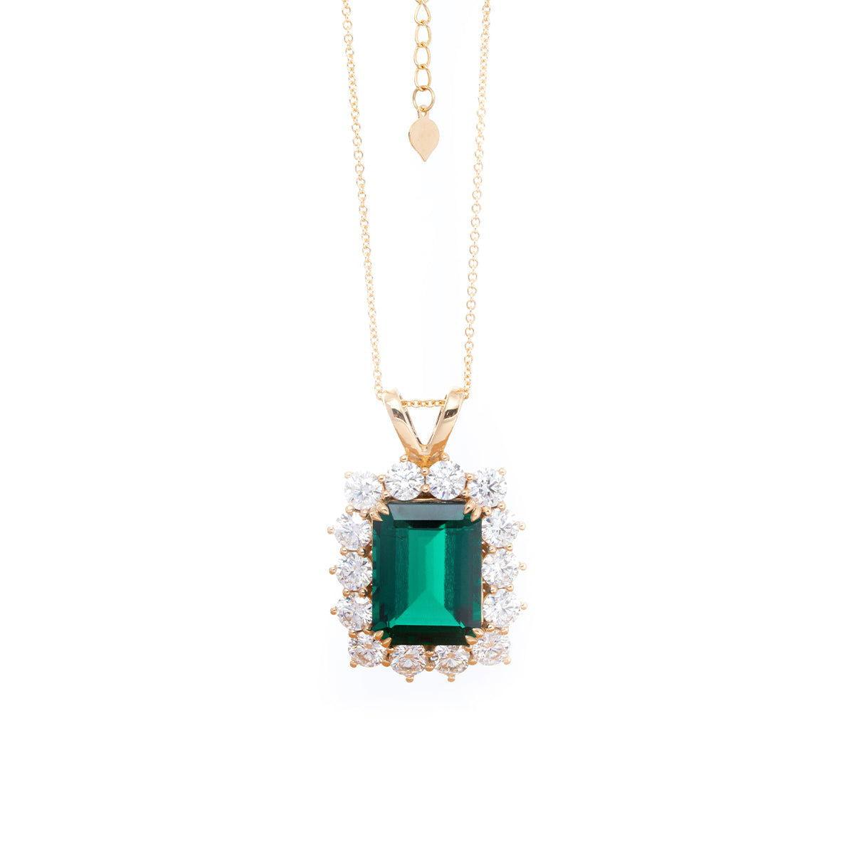 18K Yellow Gold 11ct Emerald Cut Lab Zambian Emerald Halo Pendant Necklace