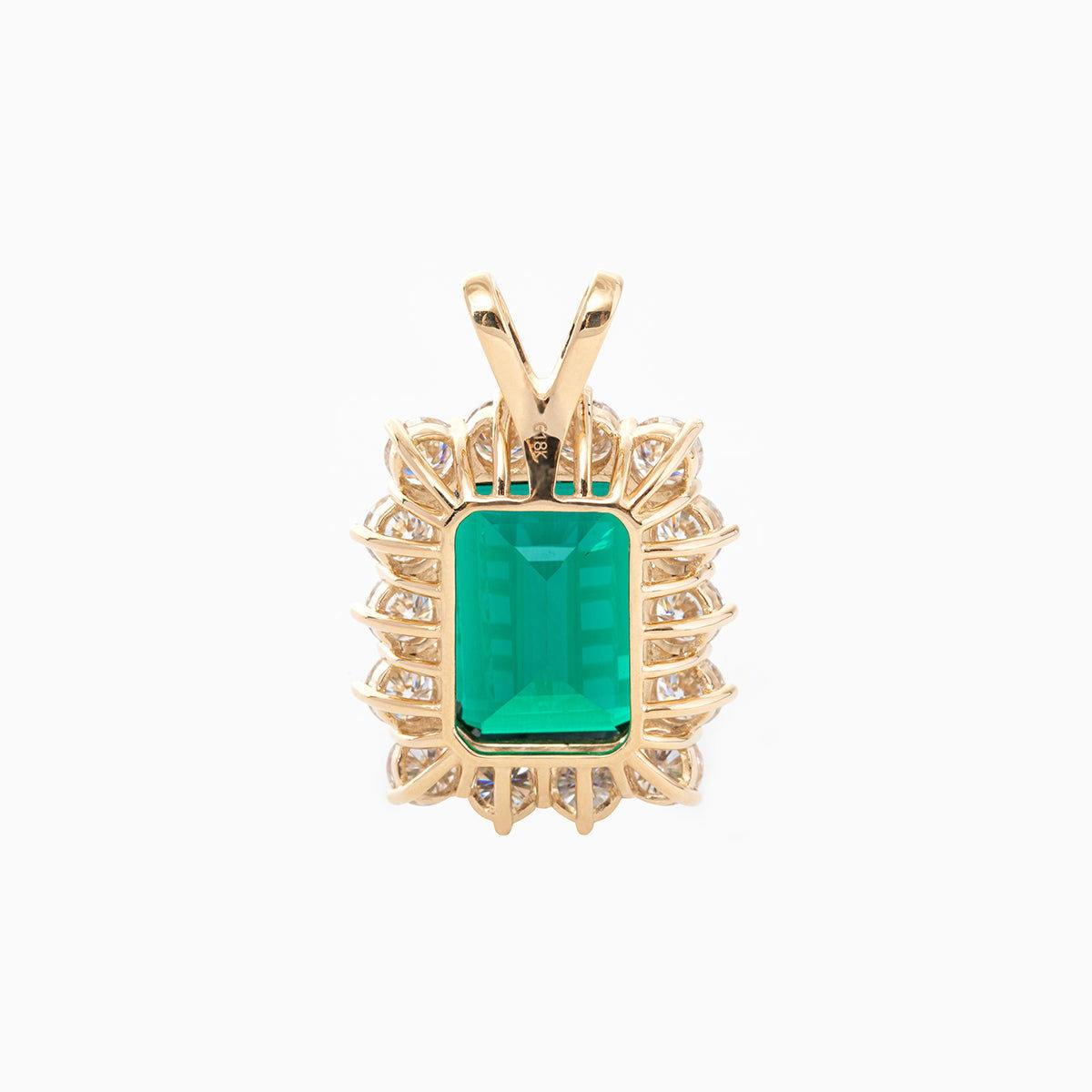 18K Yellow Gold 11ct Emerald Cut Lab Zambian Emerald Halo Pendant Necklace