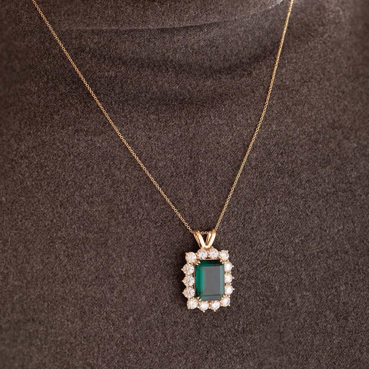 18K Yellow Gold 11ct Emerald Cut Lab Zambian Emerald Halo Pendant Necklace