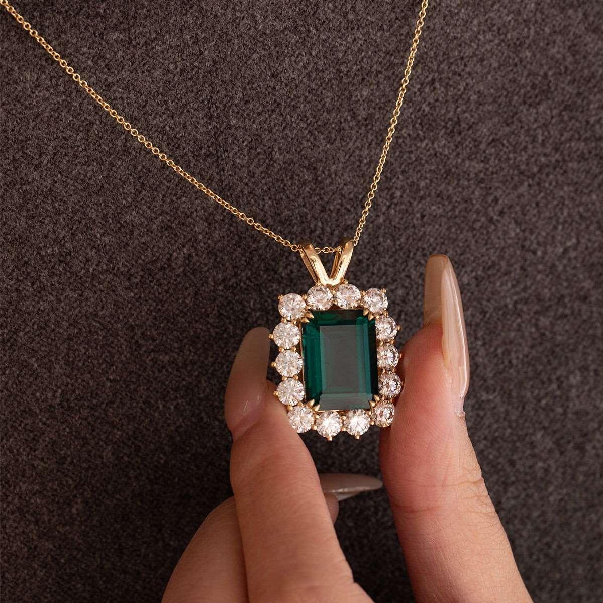 18K Yellow Gold 11ct Emerald Cut Lab Zambian Emerald Halo Pendant Necklace