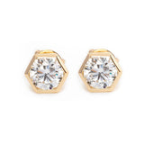 14K Yellow Gold 2 ct tw Round Brilliant Cut Lab Diamond Hexagon Bezel Setting Stud Earrings