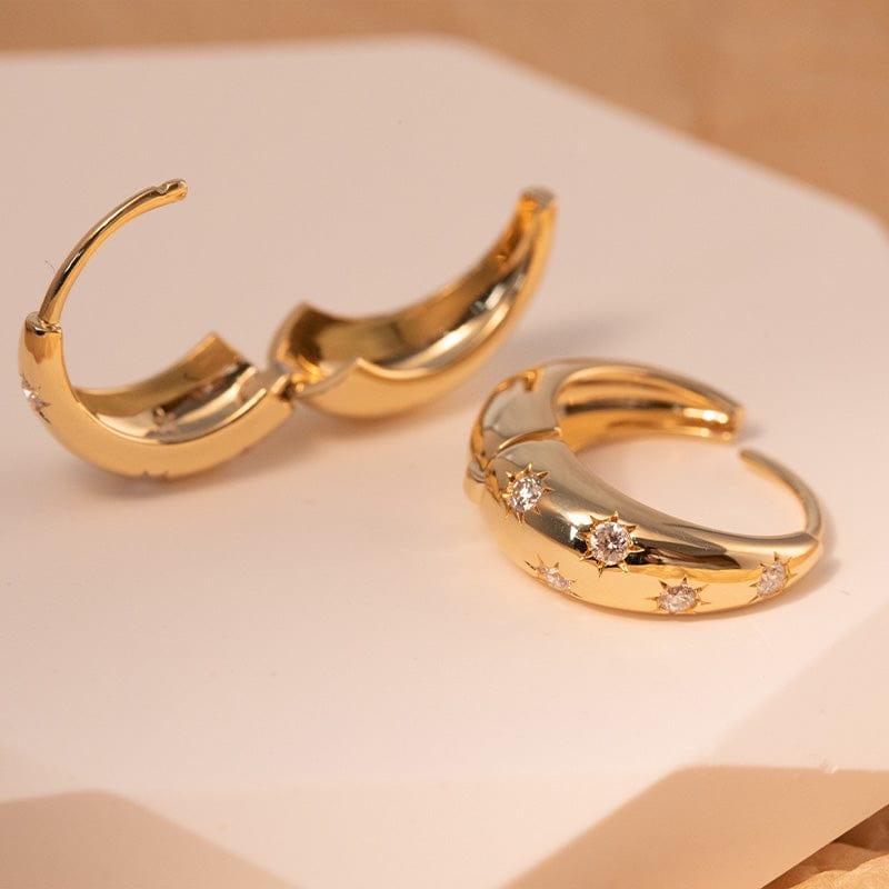 18K Yellow Gold Round Diamond 5 Star Diamond-milling Hoop Earrings