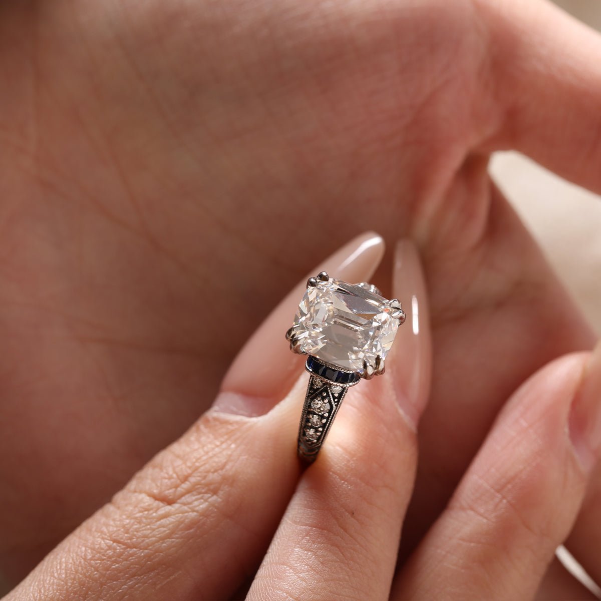 18K Gold 4.5ct Elongated Old Mine Cut Lab Diamond Antique - inspired Ring with Princess Cut Lab Sapphire & Round Cut Lab Diamond Side - stone - MMR