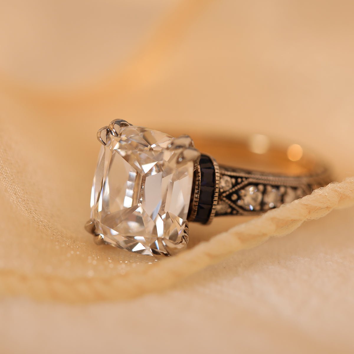 18K Gold 4.5ct Elongated Old Mine Cut Lab Diamond Antique - inspired Ring with Princess Cut Lab Sapphire & Round Cut Lab Diamond Side - stone - MMR