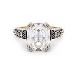 18K Gold 4.5ct Elongated Old Mine Cut Lab Diamond Antique - inspired Ring with Princess Cut Lab Sapphire & Round Cut Lab Diamond Side - stone - MMR