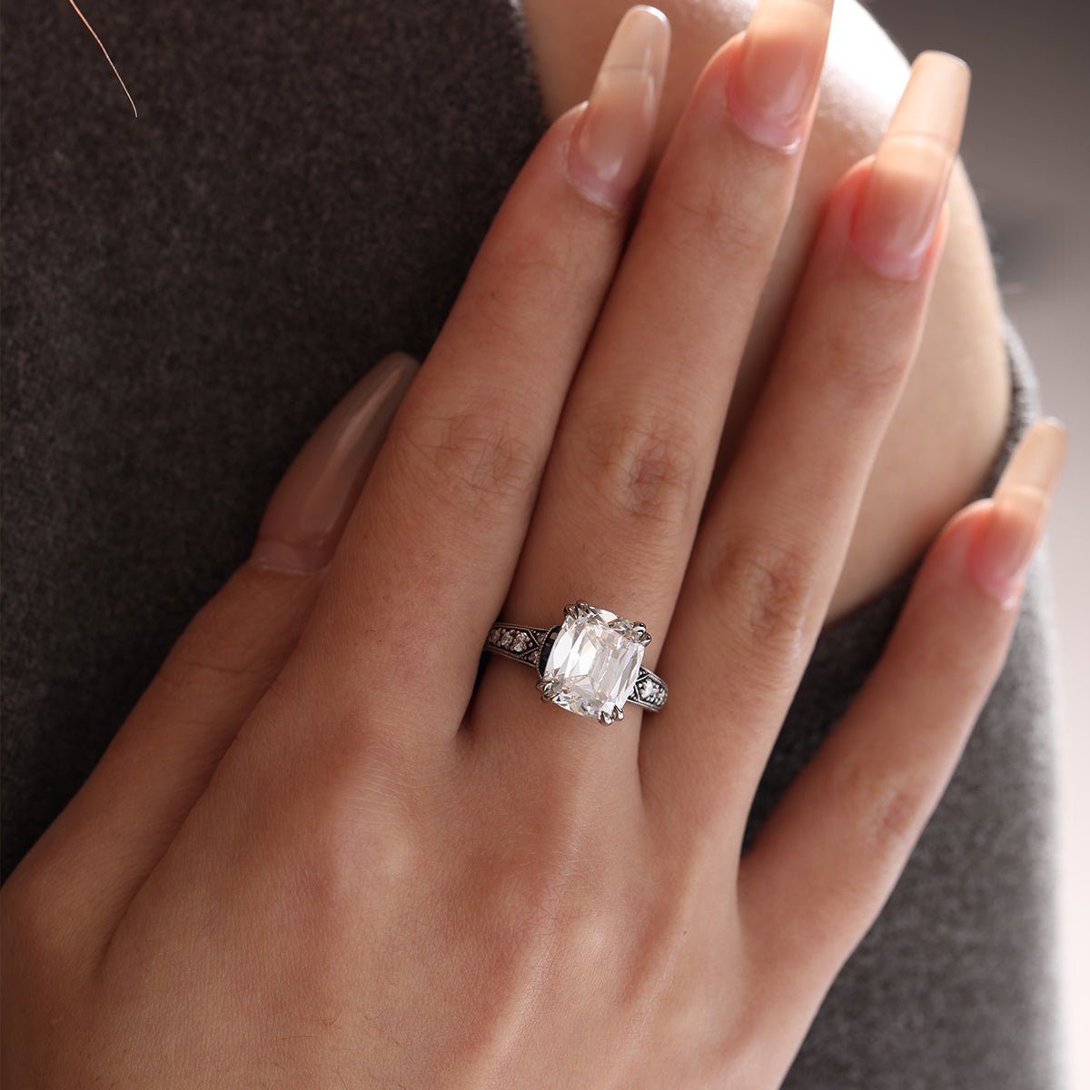 18K Gold 4.5ct Elongated Old Mine Cut Lab Diamond Antique - inspired Ring with Princess Cut Lab Sapphire & Round Cut Lab Diamond Side - stone - MMR