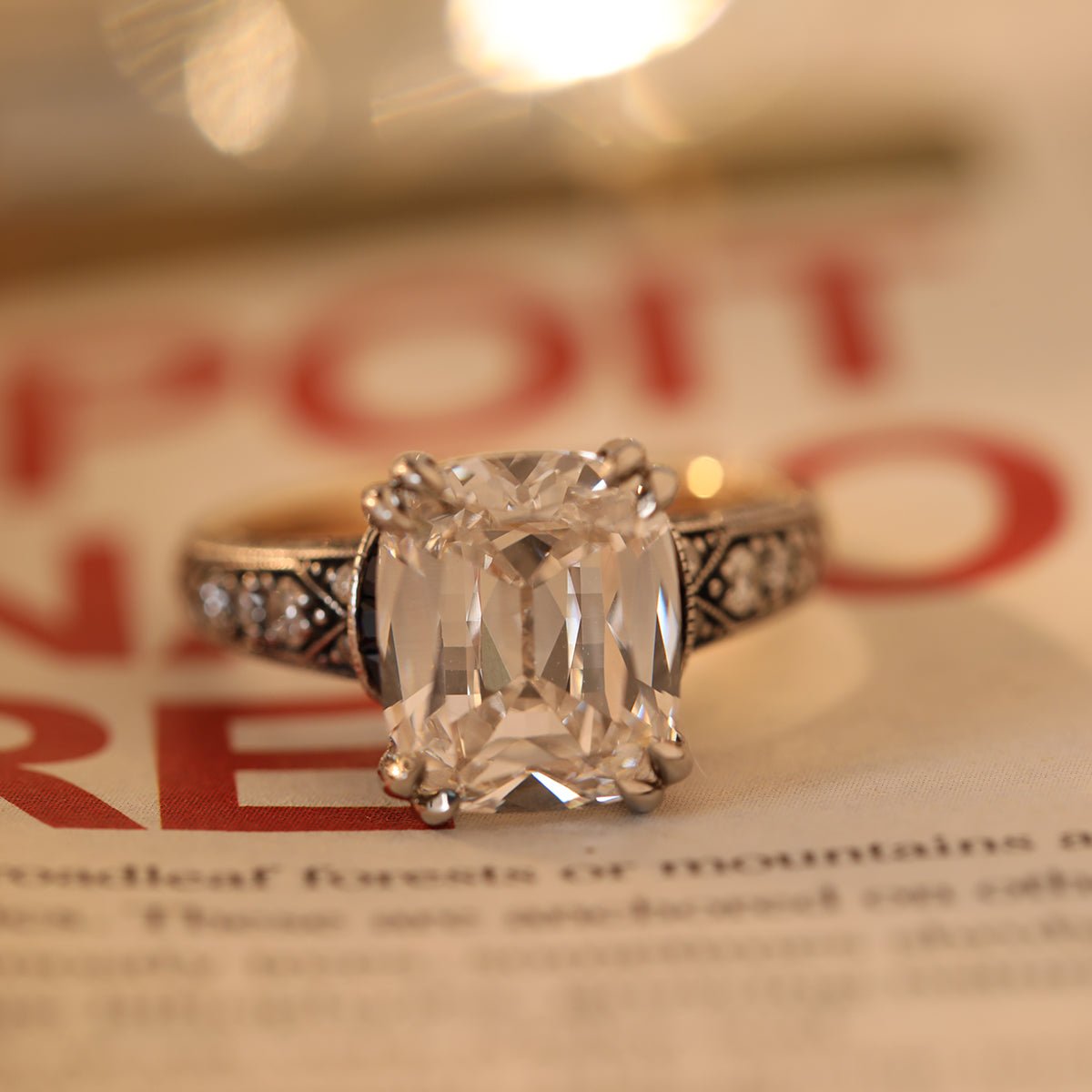 18K Gold 4.5ct Elongated Old Mine Cut Lab Diamond Antique - inspired Ring with Princess Cut Lab Sapphire & Round Cut Lab Diamond Side - stone - MMR