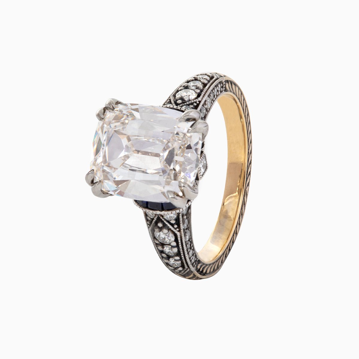 18K Gold 4.5ct Elongated Old Mine Cut Lab Diamond Antique - inspired Ring with Princess Cut Lab Sapphire & Round Cut Lab Diamond Side - stone - MMR