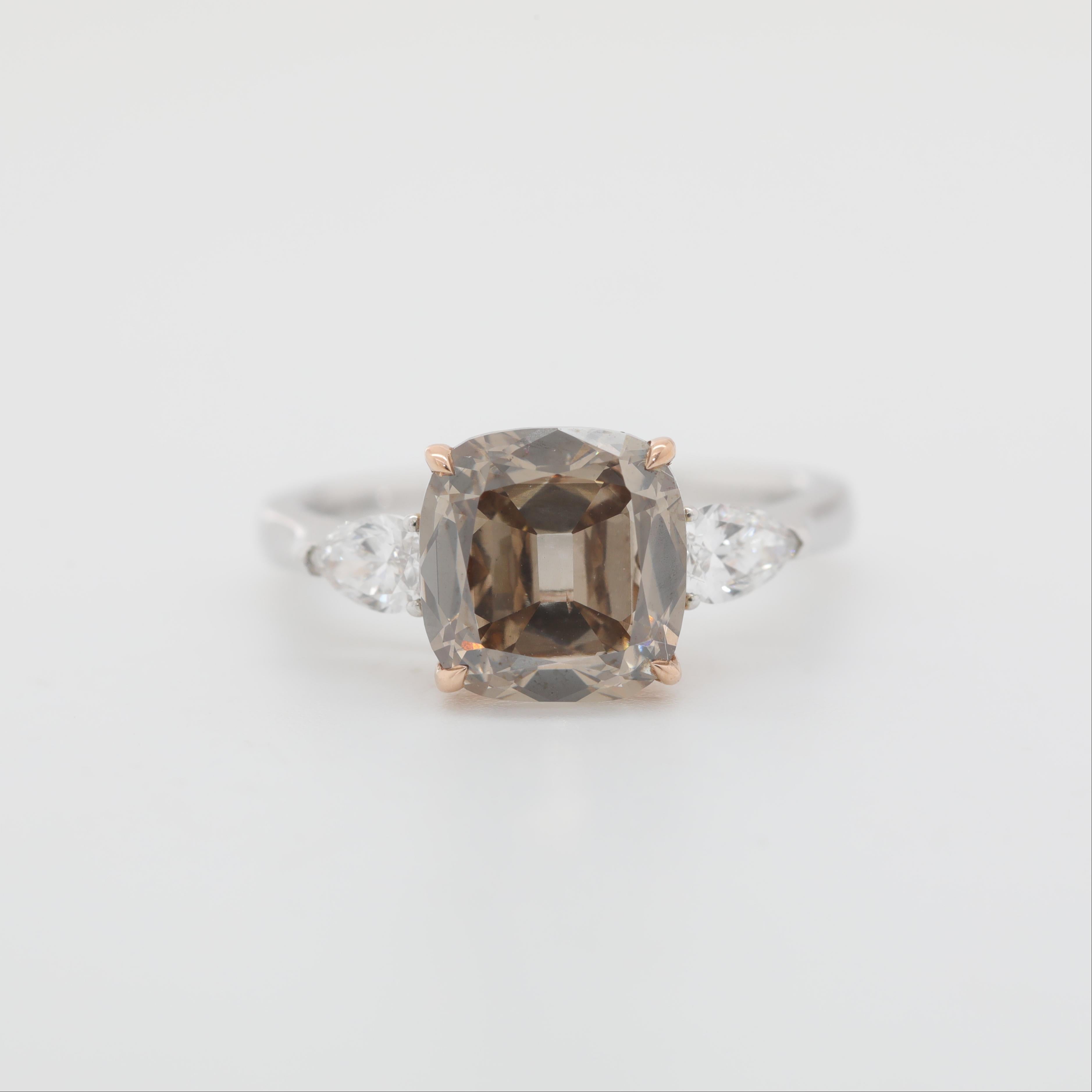 18K Gold Two Tone Ddesign 2.74ct Old Mine Cut Brown Lab Diamond Three Stone Ring - MMR