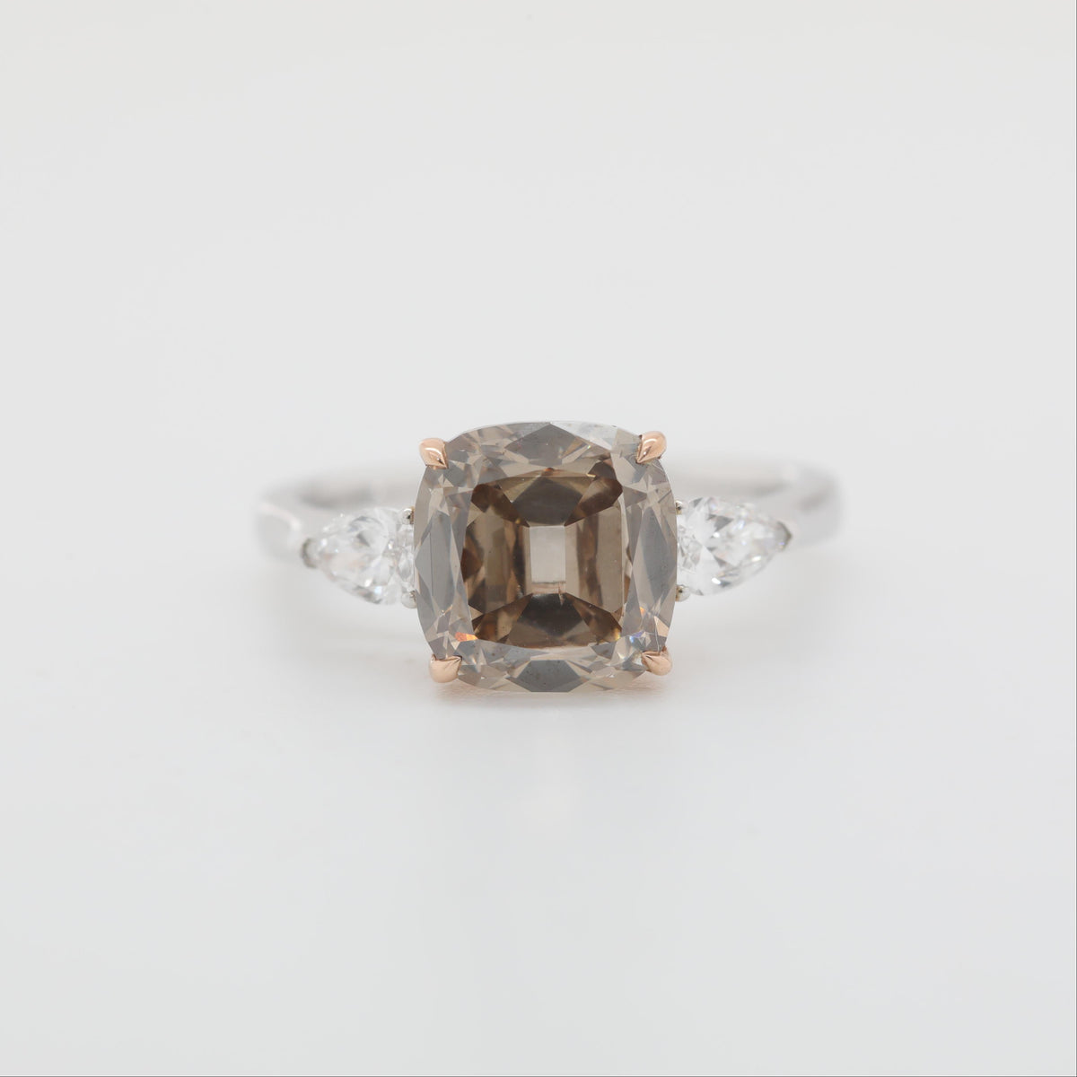 18K Gold Two Tone Ddesign 2.74ct Old Mine Cut Brown Lab Diamond Three Stone Ring - MMR