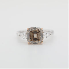 18K Gold Two Tone Ddesign 2.74ct Old Mine Cut Brown Lab Diamond Three Stone Ring - MMR