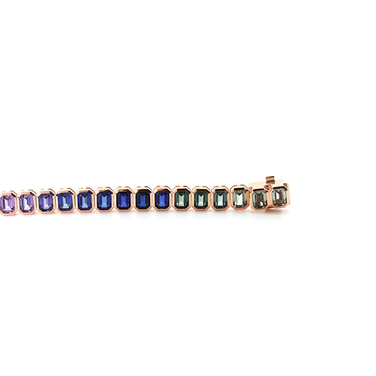 18K Rose Gold Emerald Cut Rainbow Color Lab Sapphie Bezel Setting Tennis Bracelet - MMR