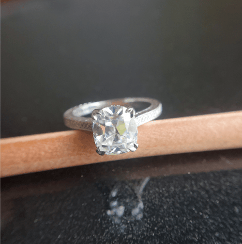 18k White Gold 2 Carat Old Mine Cut Moissanite 4 Prongs Vintage 4/5 Circle Side-stone Engagement Ring