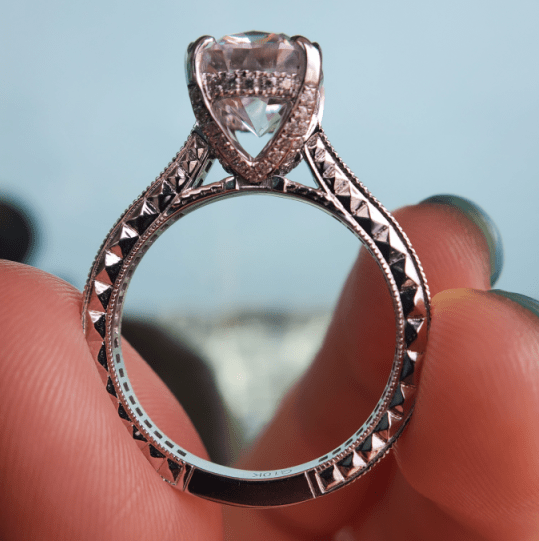 18k White Gold 2 Carat Old Mine Cut Moissanite 4 Prongs Vintage 4/5 Circle Side-stone Engagement Ring