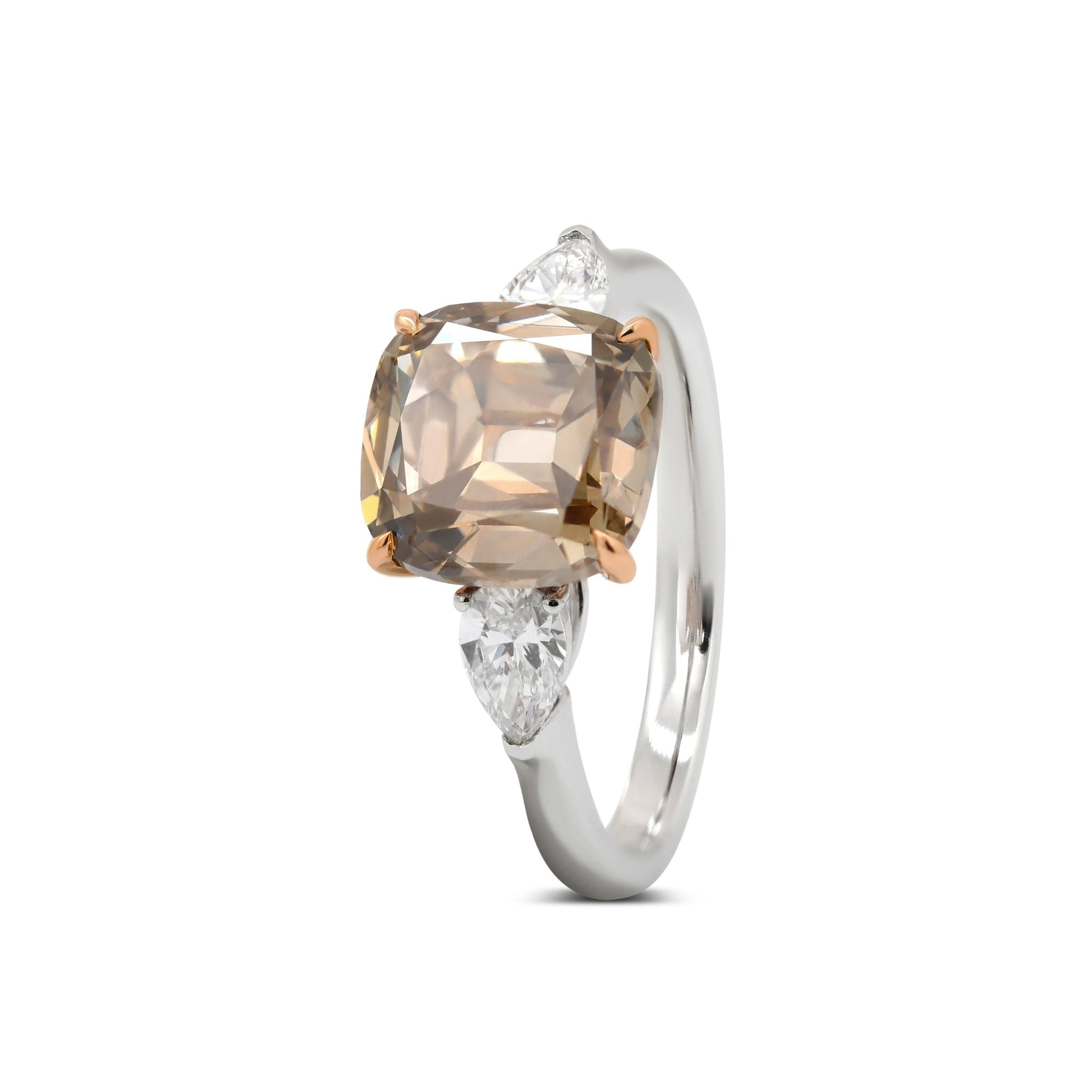 18K White Gold and Rose Gold 2.74ct Cushion Old Mine Cut Brown Lab Diamond Three - stone Prong Ring with Two Pear Cut Lab Diamonds - MMR