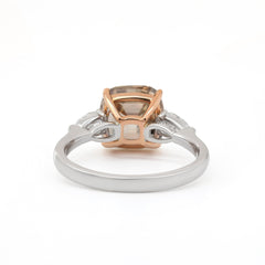 18K White Gold and Rose Gold 2.74ct Cushion Old Mine Cut Brown Lab Diamond Three - stone Prong Ring with Two Pear Cut Lab Diamonds - MMR