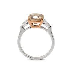 18K White Gold and Rose Gold 2.74ct Cushion Old Mine Cut Brown Lab Diamond Three - stone Prong Ring with Two Pear Cut Lab Diamonds - MMR