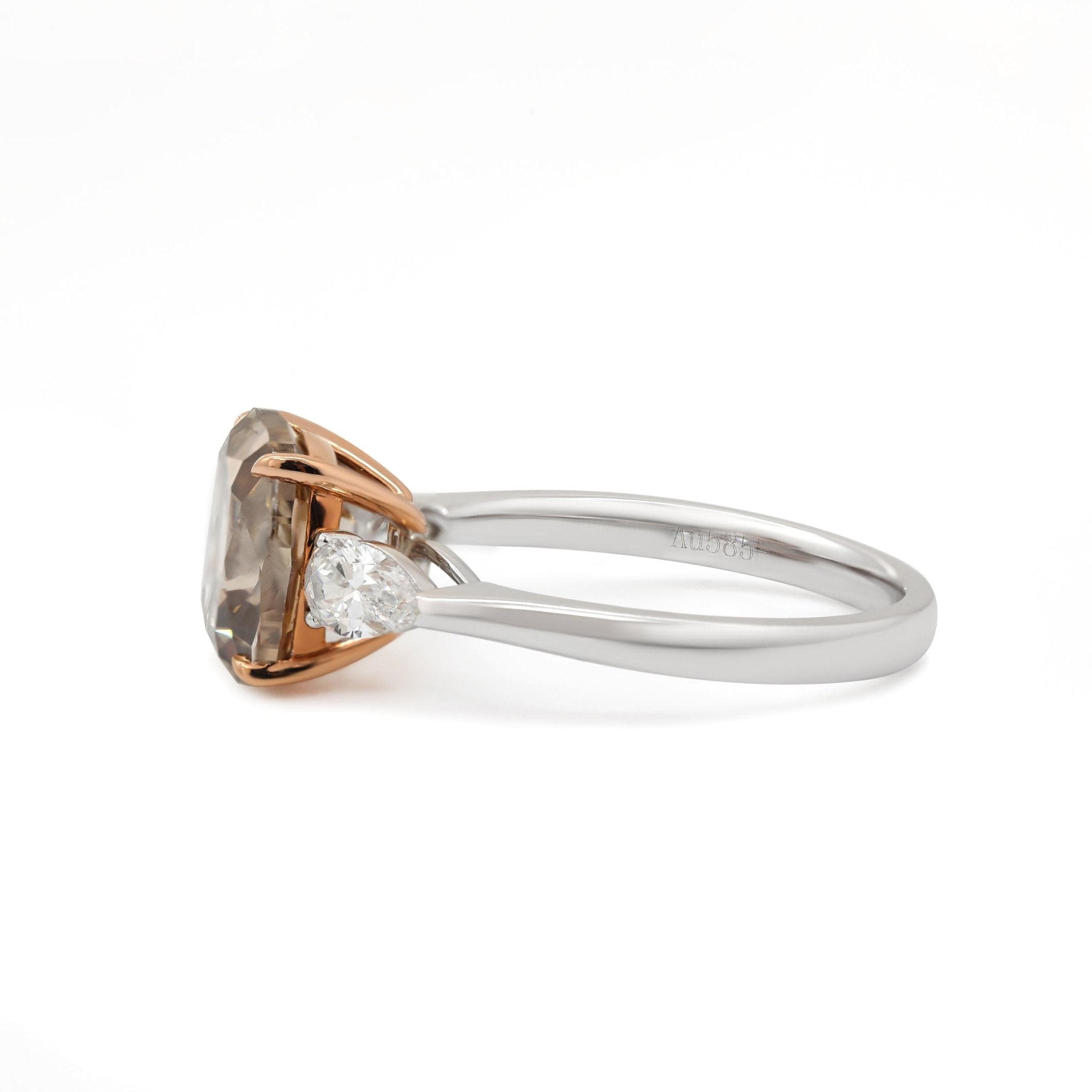 18K White Gold and Rose Gold 2.74ct Cushion Old Mine Cut Brown Lab Diamond Three - stone Prong Ring with Two Pear Cut Lab Diamonds - MMR