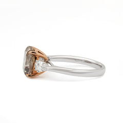 18K White Gold and Rose Gold 2.74ct Cushion Old Mine Cut Brown Lab Diamond Three - stone Prong Ring with Two Pear Cut Lab Diamonds - MMR